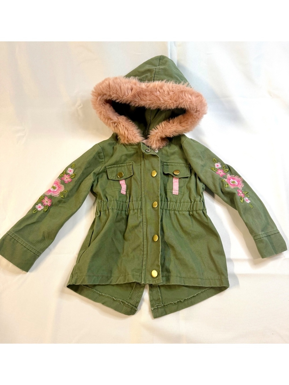 Little Lass Girls 2T Green Hooded Jacket with Pink Faux Fur Trim and Floral Emb-